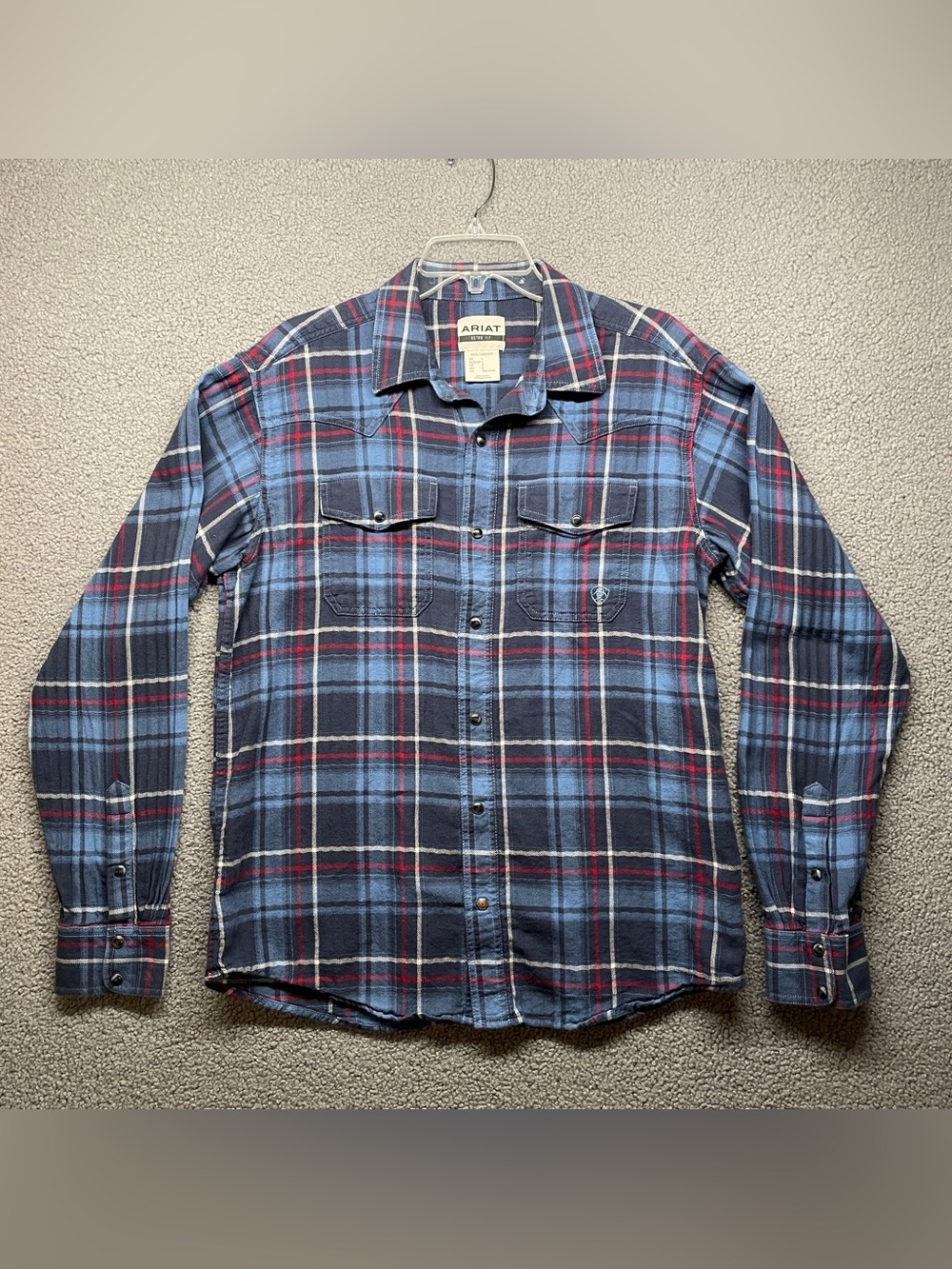 Ariat Mens Retro Fit Blue Plaid Pearl Snap Long Sleeve Flannel Shirt Size Large